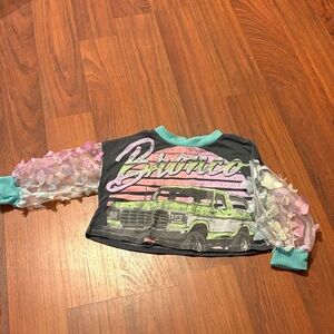 2t handmade Bronco Graphic Crop Top with Sheer Floral Sleeves - Black & Pastel